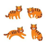 Set of tigers in flat style. The tiger stands, runs, sits and sleeps. Vector illustration