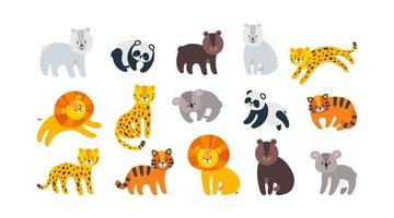 Zoo animals set with lion, leopard, tiger and bears. Big collection of wild animals. Vector illustration