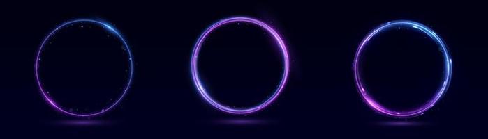 Neon swirl. Curve blue line light effect. Abstract ring background with glowing swirling background. Energy flow tunnel. Blue portal, platform. Magic circle vector. Round frame with light effect vector