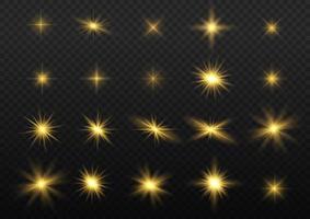 conjunto de efectos de luz aislados brillantes, destello de lente, explosión, brillo, línea, destello solar, chispa y estrellas. vector