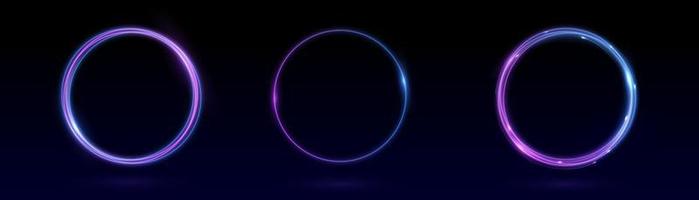 Neon swirl. Curve blue line light effect. Abstract ring background with glowing swirling background. Energy flow tunnel. Blue portal, platform. Magic circle vector. Round frame with light effect vector