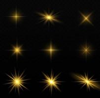 conjunto de efectos de luz aislados brillantes, destello de lente, explosión, brillo, línea, destello solar, chispa y estrellas. vector