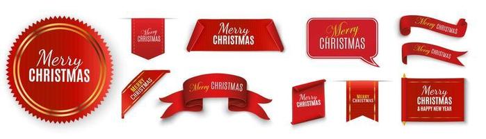 Labels Merry Christmas and Happy New Year. Red scrolls and banners isolated. Christmas scroll vector illustration, red color banner. Merry Christmas and Happy New Year label.