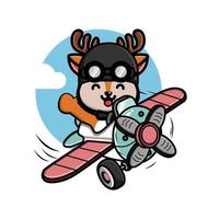 Cute little deer flying with airplane illustration vector
