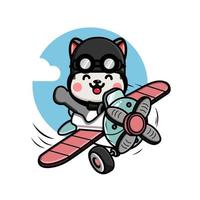 Cute little husky flying with airplane illustration vector