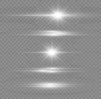 paquete de destellos de lentes horizontales blancos. rayos láser, rayos de luz horizontales. hermosos destellos de luz. la luz del flash con chispas de polvo de hadas brillan las estrellas. luz de brillo polvoriento. vector