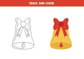 Trace and color cute cartoon Christmas bell. Worksheet for children. vector