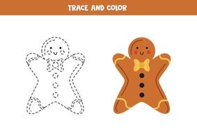 Trace and color cute gingerbread cookie. Worksheet for children. vector