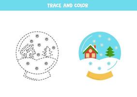 Trace and color cute Christmas snowball. Worksheet for children. vector