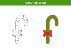 Trace and color cute Christmas candy cane. Worksheet for children. vector