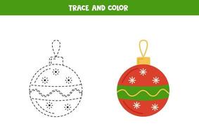 Trace and color cute cartoon Christmas bauble. Worksheet for children. vector