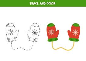 Trace and color cute red winter mittens. Worksheet for children. vector