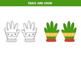 Trace and color cute winter gloves. Worksheet for children. vector