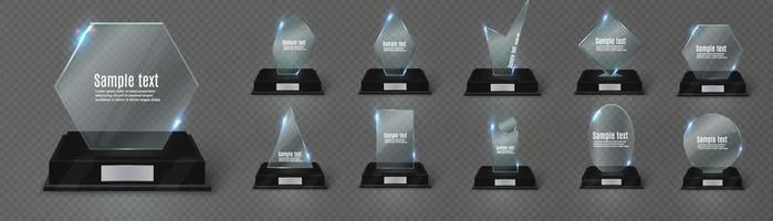 Empty glass trophy. Glossy trophy for award. Realistic empty illustration. Black booth 3D. Vector crystal trophy for winner and achievements. Cup for the champion.