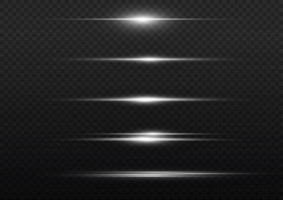 White horizontal lens flares pack. Laser beams, horizontal light rays. Beautiful light flares. Flash light with fairy dust sparks stars shine. Dusty shine light.