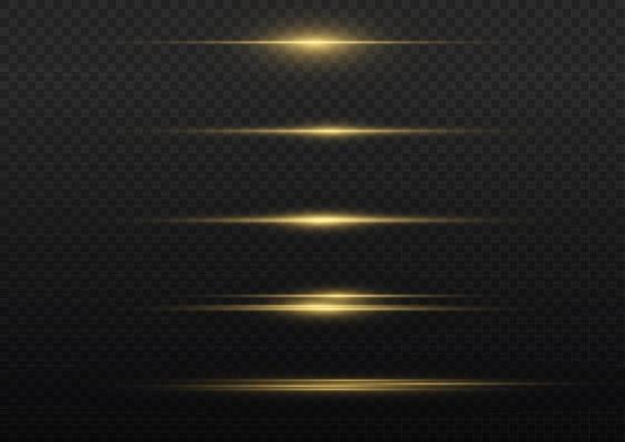 Yellow horizontal lens flares pack. Laser beams, horizontal light rays. Beautiful light flares. Flash light with fairy dust sparks and golden stars shine. Dusty shine light.