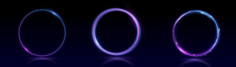Neon swirl. Curve blue line light effect. Abstract ring background with glowing swirling background. Energy flow tunnel. Blue portal, platform. Magic circle vector. Round frame with light effect