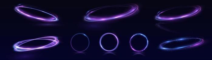 Neon swirl. Curve blue line light effect. Abstract ring background with glowing swirling background. Energy flow tunnel. Blue portal, platform. Magic circle vector. Luminous spiral. vector