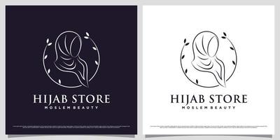 Islamic women logo design template wearing hijab with line art style and leaf element concept vector