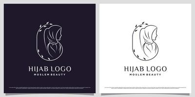 Islamic women logo design template wearing hijab with line art style and leaf element concept vector