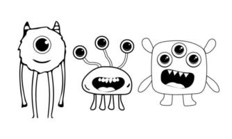 Set of pages for children's coloring book with cute monsters. White pages with contour monsters. vector