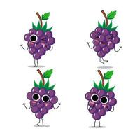 lindo personaje vectorial de fruta de uva en diferentes emociones de acción. colección de personajes de uva en diferentes expresiones, personaje de fruta divertido aislado en fondo blanco vector