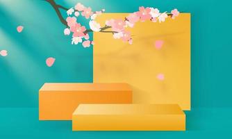 Abstract 3d background. rectangl podium in blue background with sakura branch. product presentation, mock up, show cosmetic product, Podium, stage pedestal or platform. 3d vector. vector