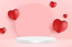 Cute beautiful pink realistic heart shaped podium for valentines day product display presentation with decorative falling paper hearts vector template.