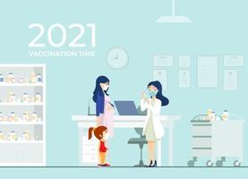 COVID-19 Virus safe Vaccine poster. the girl and mother vaccination. Injection, prevention, immunization, cure and treatment for 2019-ncov infection. fighting COVID-19 epidemic with hope 2021. vector