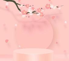 Branch of pink sakura. Japanese cherry tree blossom. Vector Illustration. 3D stand vector background.