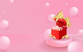 Platform and 3d studio, presentation podium. Background realistic festive gifts box. Xmas present. Pink boxes on round stand. Holiday gift surprise. Merry Christmas and Happy New Year. Mock up Stage. vector