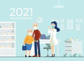 Elderly couple. Old woman vaccinated. Handholds a vaccination Elderly female. Doctor elderly care at a nursing hospital. Vaccination concept for covid-19. Vector illustration