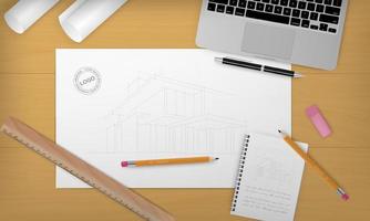 Workplace - Construction project architect house plan with tools, laptop and notebook. Construction background. Vector Illustration