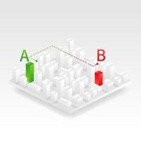 Isometric city vector illustration. City street map plan with GPS pins and navigation route from A to B point markers. Vector perspective view isometric illustration.