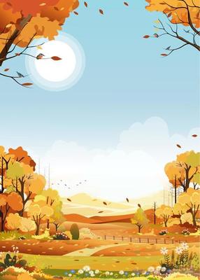 Autumn landscape of farm field with blue sky background, Fall season in countryside with cloudy sky and Sun, Mountain, grass land in Orange foliage,Vector banner for Autumnal backdrop