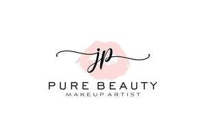 diseño de logotipo prefabricado inicial de labios de acuarela jp, logotipo para marca comercial de artista de maquillaje, diseño de logotipo de boutique de belleza rubor, logotipo de caligrafía con plantilla creativa. vector