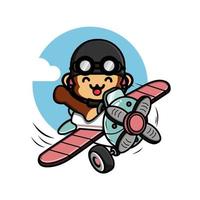 Cute little monkey flying with airplane illustration vector