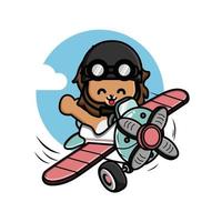 Cute little lion flying with airplane illustration vector