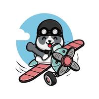 lindo pequeño panda volando con ilustración de avión vector