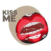 Romantic design, Kiss me, inscription, stylish card with painted lips, bright makeup vector