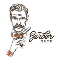 Barber shop, a man with a mustache holds a haircut accessory vector