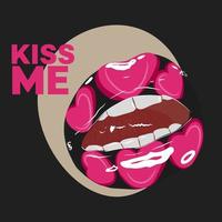 Pink hearts, Kiss me lettering, stylish card with painted lips vector