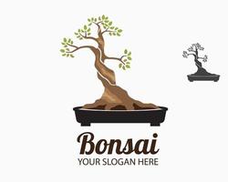 oriental bonsai logo design. Japanese mini small plant tree on pot. bonsai tree illustration vector