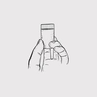 hand holding vitamin bottle in line art style vector