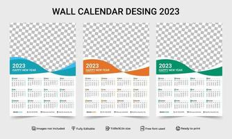 Plantilla de calendario de pared de 1 página 2023 con diseño de variación de 3 colores. diseño de plantilla de calendario de pared de una página listo para imprimir para 2023. Ilustración de vector de año calendario 2023. calendario de pared de una página 2023