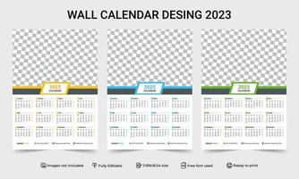 Plantilla de calendario de pared de 1 página 2023 con diseño de variación de 3 colores. diseño de plantilla de calendario de pared de una página listo para imprimir para 2023. Ilustración de vector de año calendario 2023. calendario de pared de una página 2023