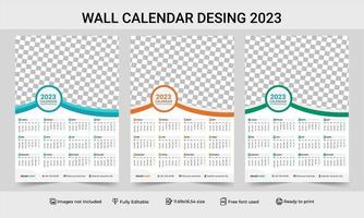 Plantilla de calendario de pared de 1 página 2023 con diseño de variación de 3 colores. diseño de plantilla de calendario de pared de una página listo para imprimir para 2023. Ilustración de vector de año calendario 2023. calendario de pared de una página 2023