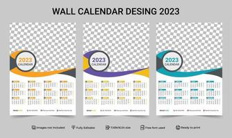 Plantilla de calendario de pared de 1 página 2023 con diseño de variación de 3 colores. diseño de plantilla de calendario de pared de una página listo para imprimir para 2023. Ilustración de vector de año calendario 2023. calendario de pared de una página 2023