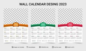 Plantilla de calendario de pared de 1 página 2023 con diseño de variación de 3 colores. diseño de plantilla de calendario de pared de una página listo para imprimir para 2023. Ilustración de vector de año calendario 2023. calendario de pared de una página 2023