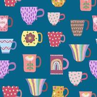 Vector seamless pattern of vintage mugs. Hand-drawn with a naive Scandinavian style